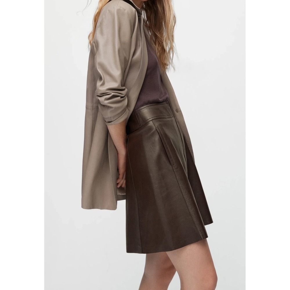 Massimo Dutti Mini A Line Skirt Genuine Leather Brown Front Zip Large NWT $200 - Picture 2 of 16